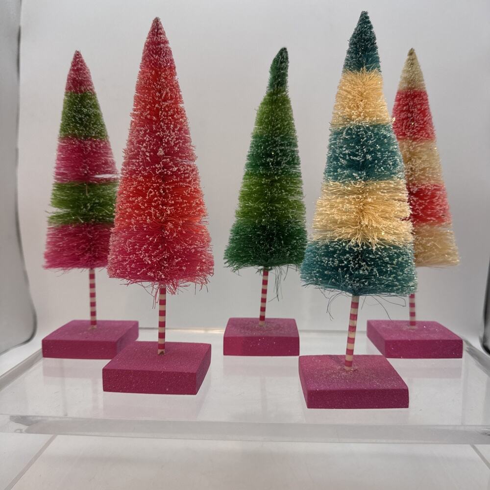 Set of 5 ~ Pastel Pink~Blue~Green Spring Easter Glitter Bottle Brush Tree 9.5”